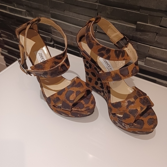 Jimmy CHOO leopard fabric print strappy anckle sandals platforms wedges - Picture 5 of 10